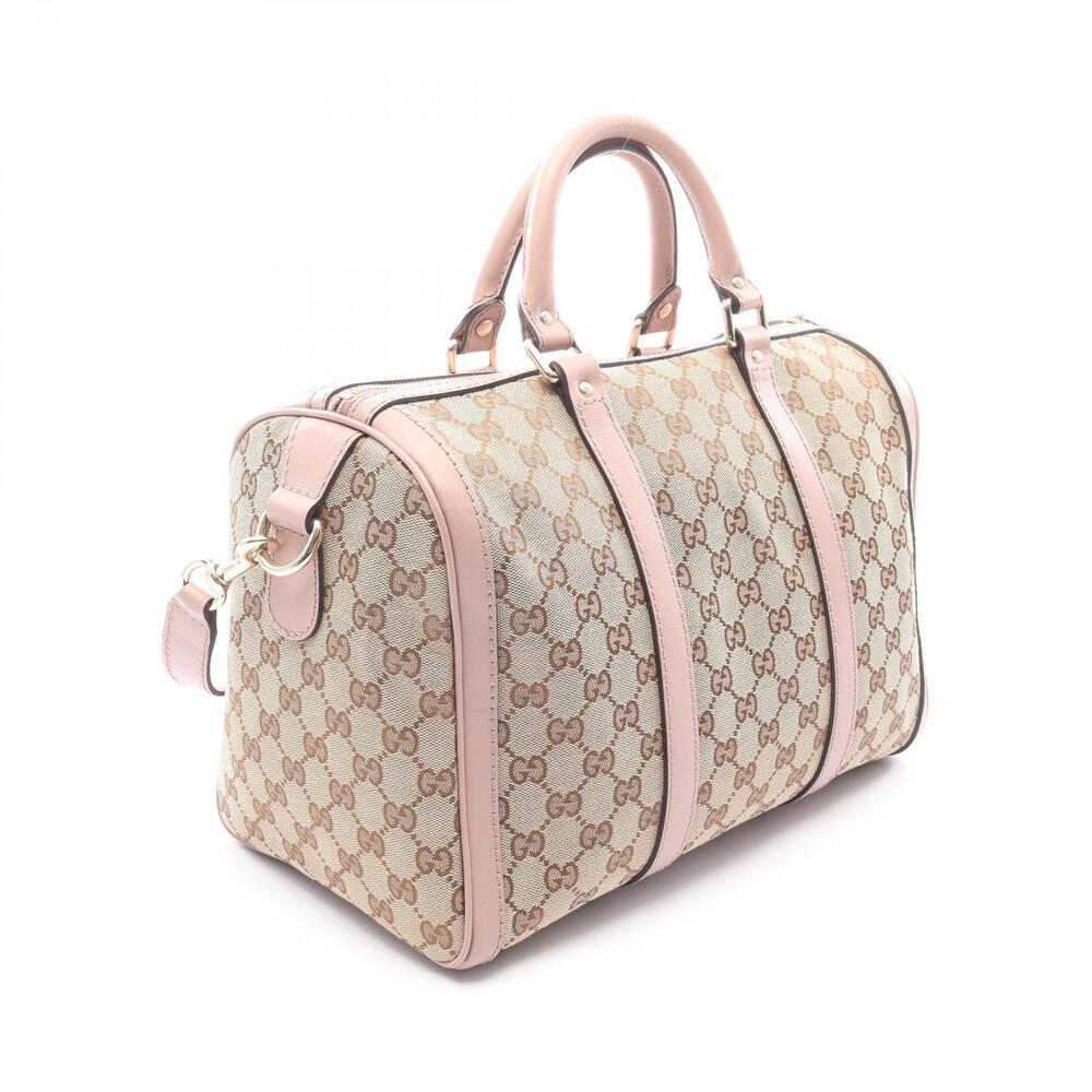 Gucci GG Handbag Leather Canvas Beige Pink Webbing Tan Pink
